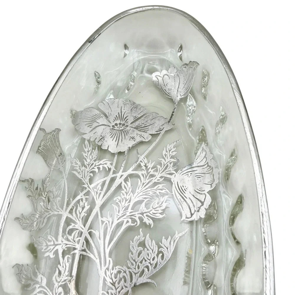 Vtg Frosted Etched Floral Relish Dish Celery Tray Poppy Serving Bowl Cottagecore